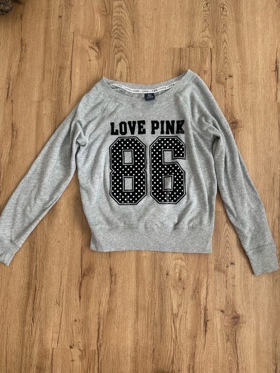 PINK Victoria's Secret Tops - PINK Victoria's Secret Grey Logo Pullover with Polka Dot Accent Medium